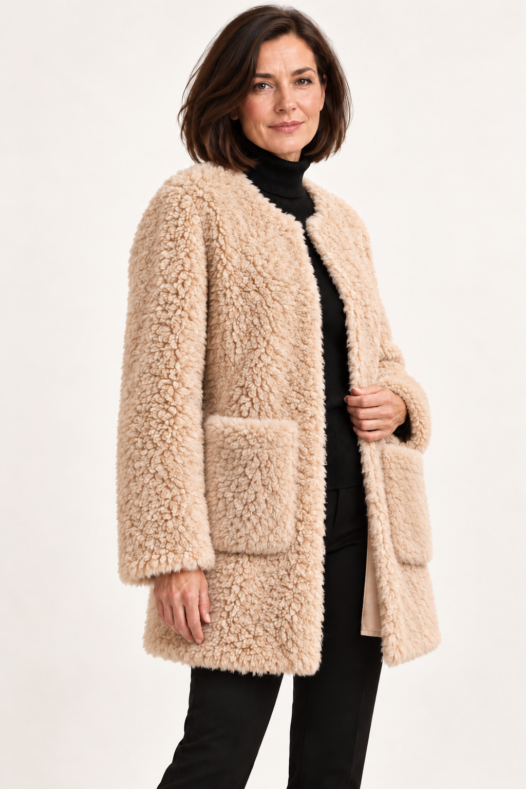 Women's Fluffy Jacket Beige 02 ThreeQuarter