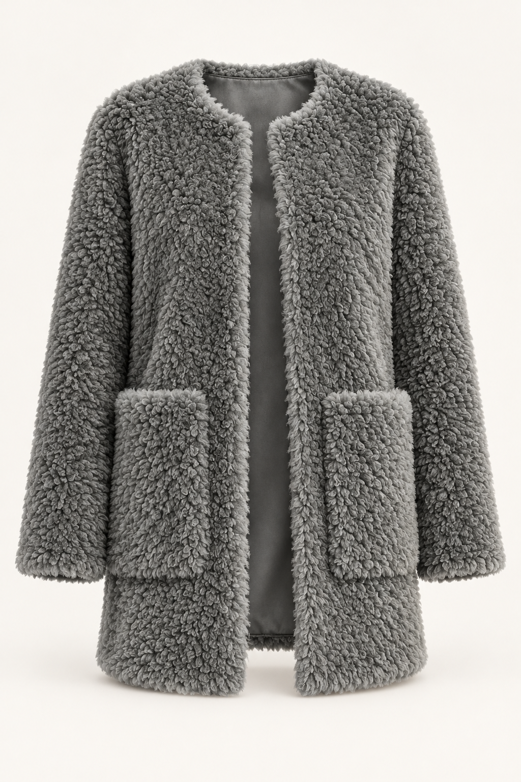 Women's Fluffy Jacket Grey Ghost Mannequin Front View