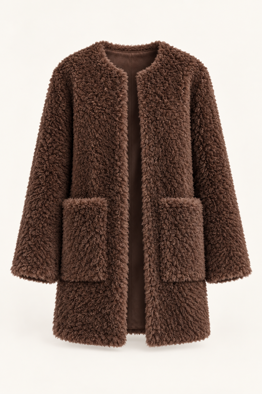 Women's Fluffy Jacket Brown Ghost Mannequin Front View