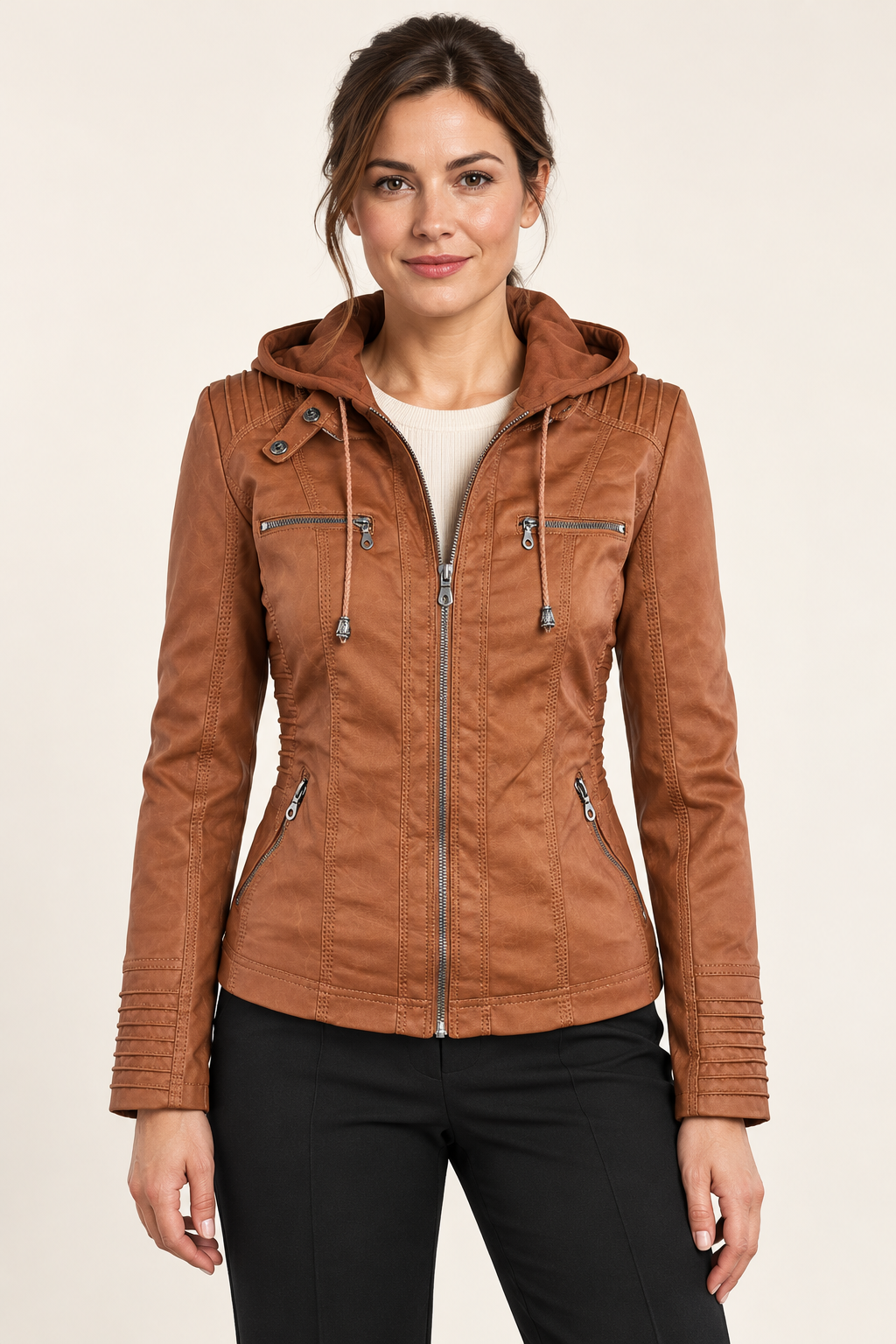 Women's Hooded Faux Leather Jacket Khaki 01 Front