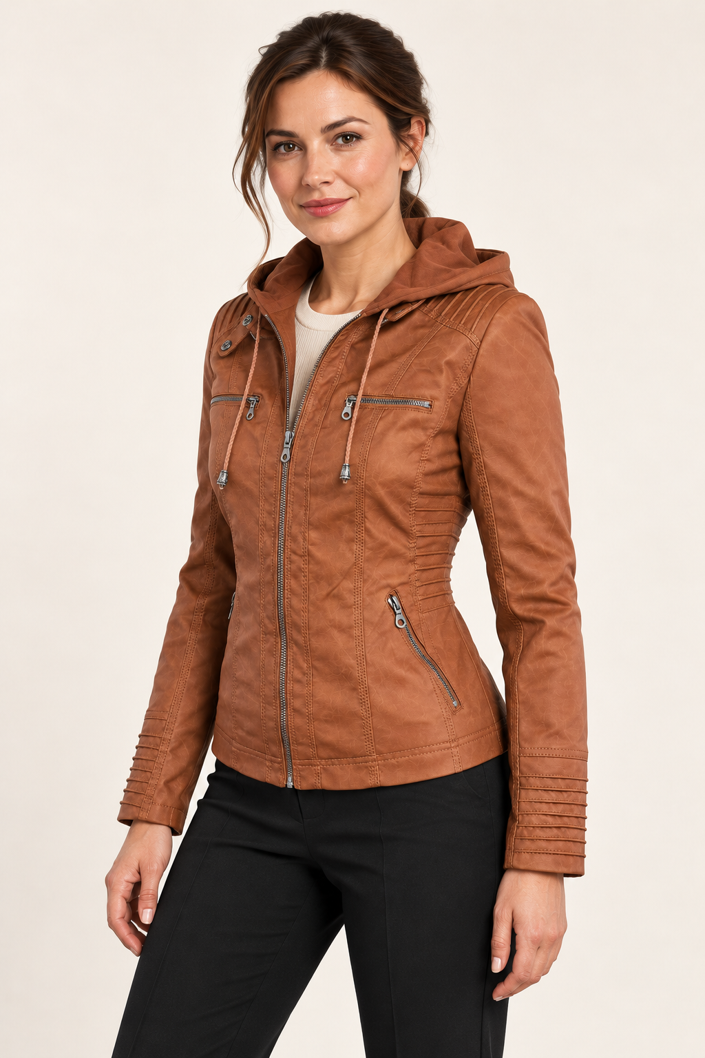 Women's Hooded Faux Leather Jacket Khaki 02 ThreeQuarter