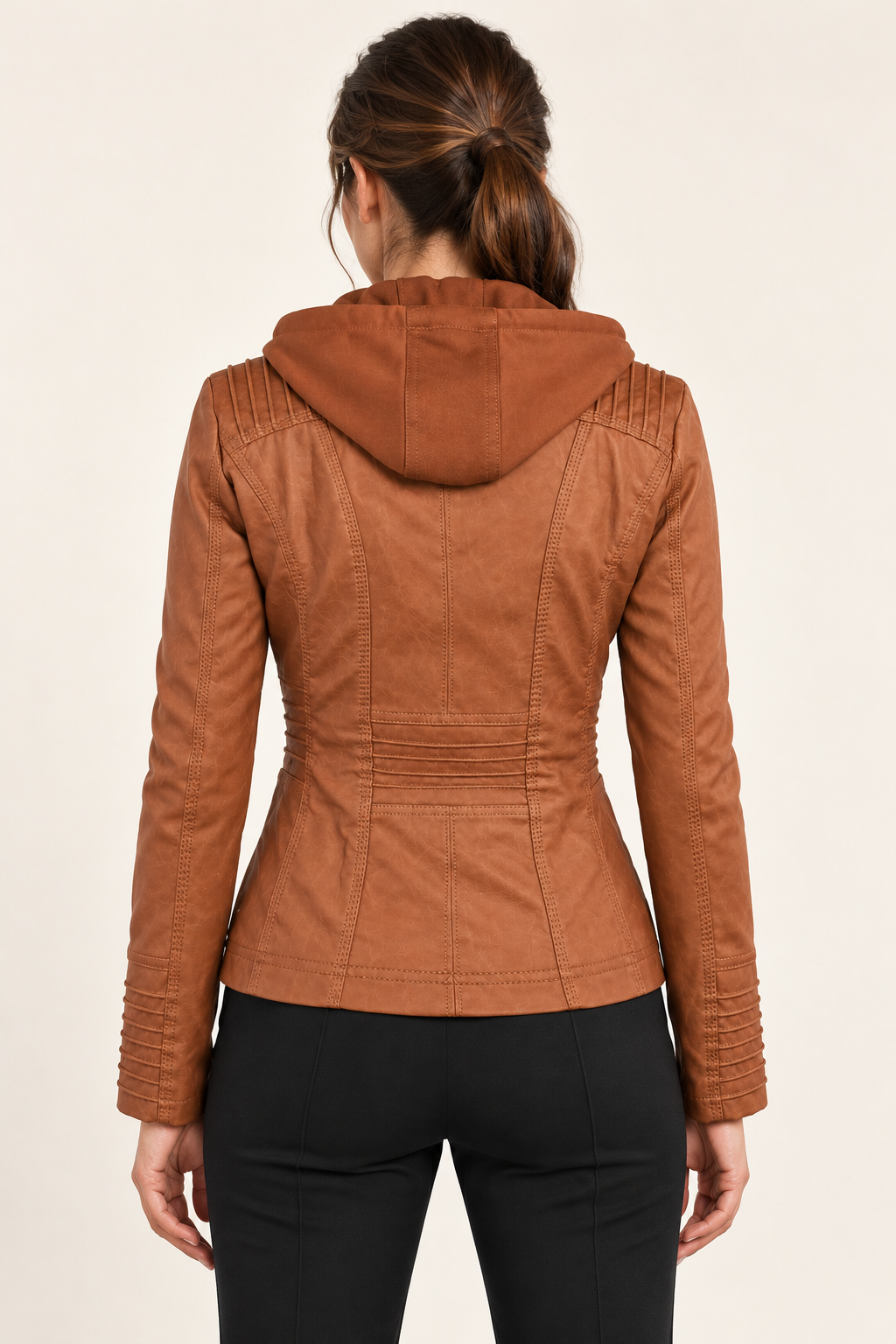Women's Hooded Faux Leather Jacket Khaki 03 Back