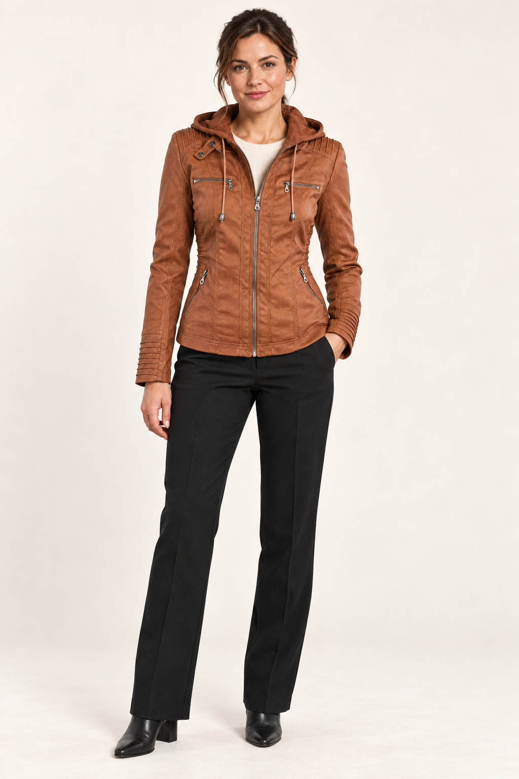 Women's Hooded Faux Leather Jacket Khaki 05 Styling