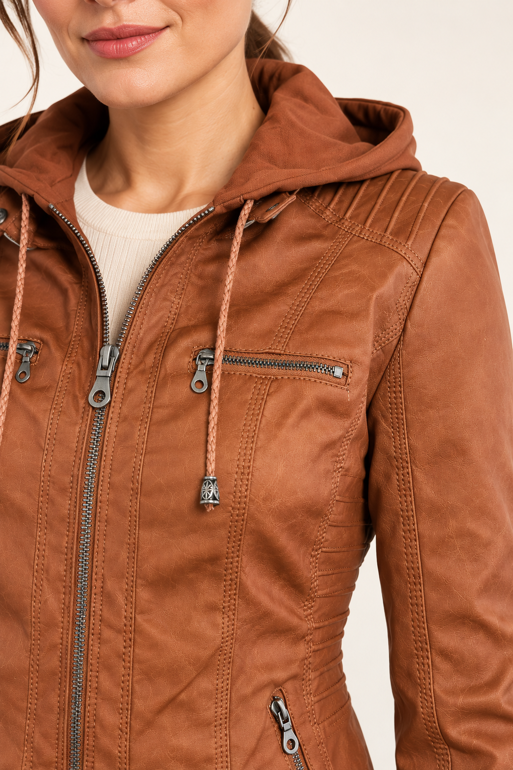 Women's Hooded Faux Leather Jacket Khaki 06 Detail