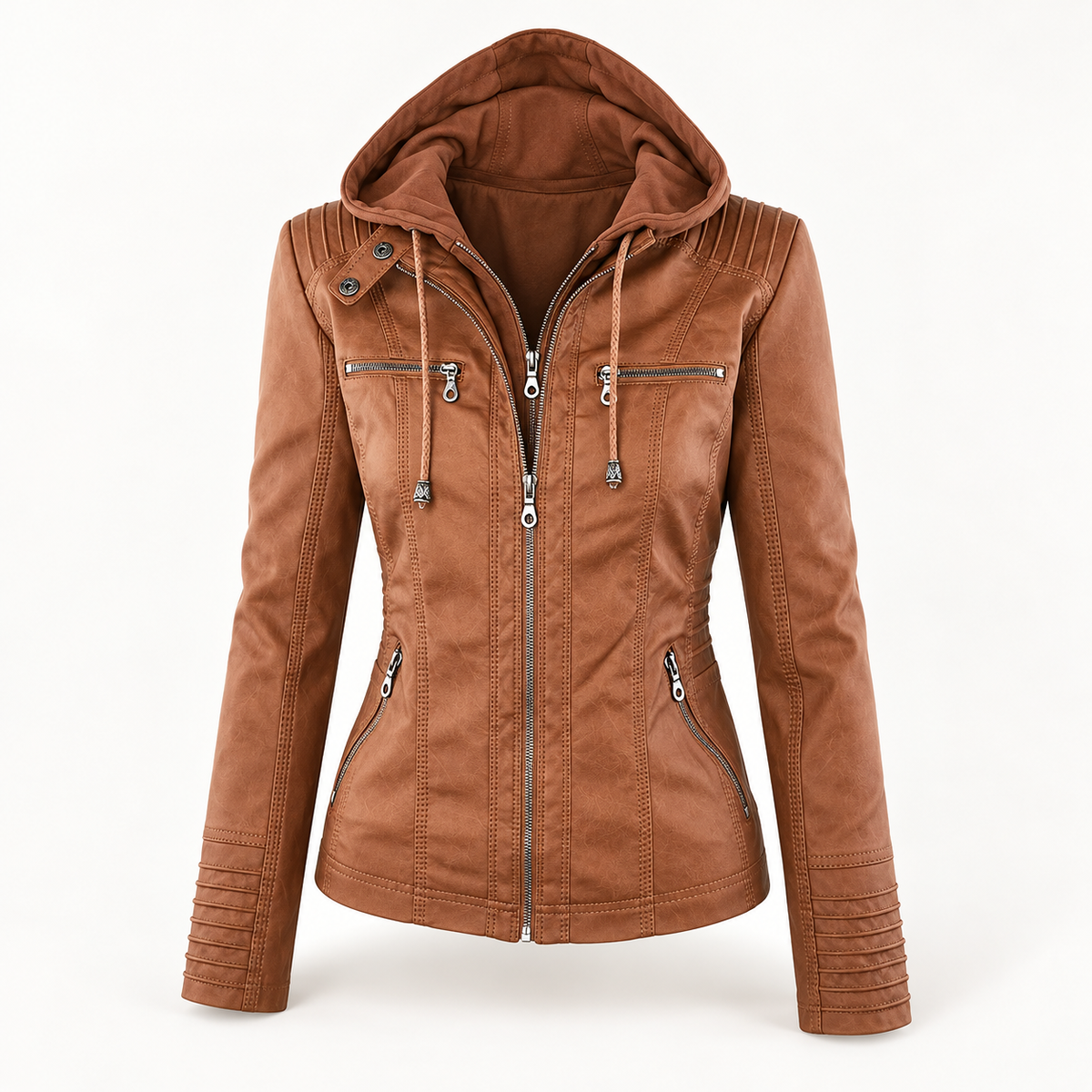 Women's Hooded Faux Leather Jacket Khaki Ghost Mannequin Front View