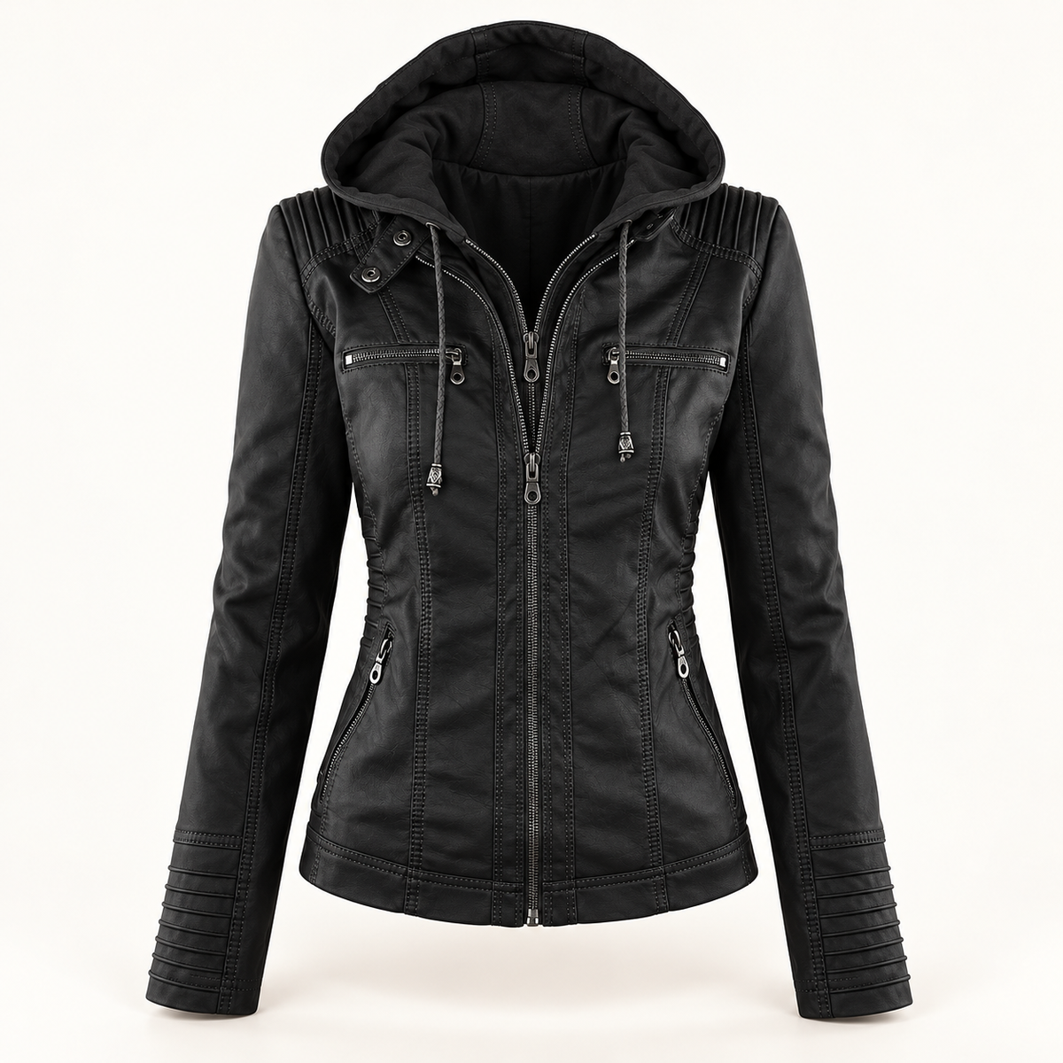 Women's Hooded Faux Leather Jacket Black Ghost Mannequin Front View