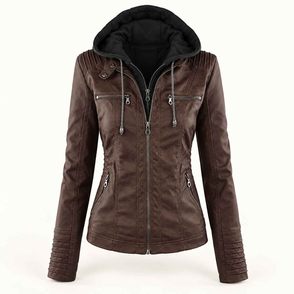 Women's Hooded Faux Leather Jacket Brown Ghost Mannequin Front View