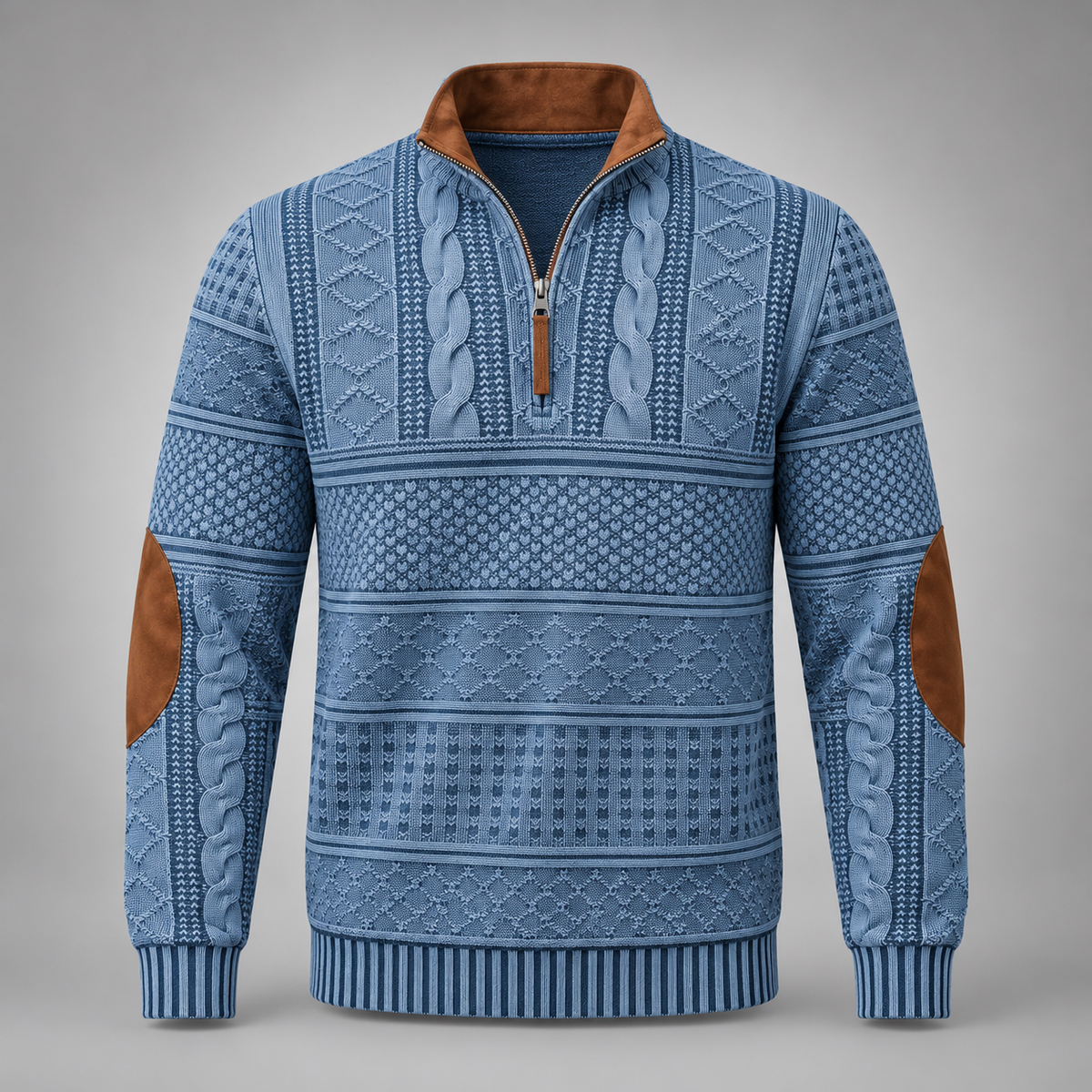 Blue patterned half zip jumper - front