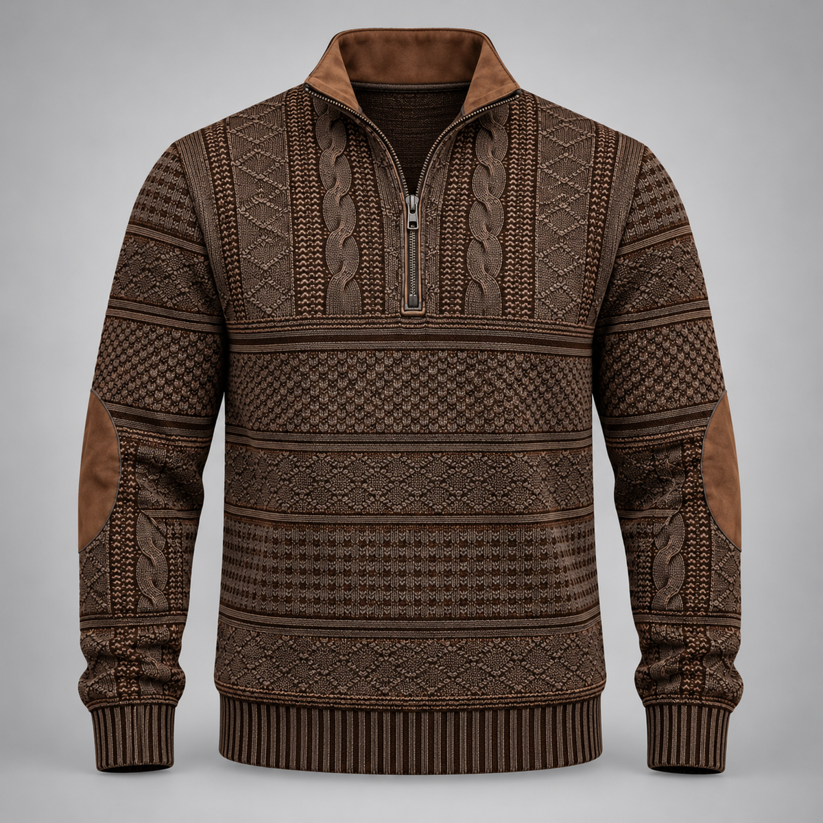 Dark Brown patterned half zip jumper - front