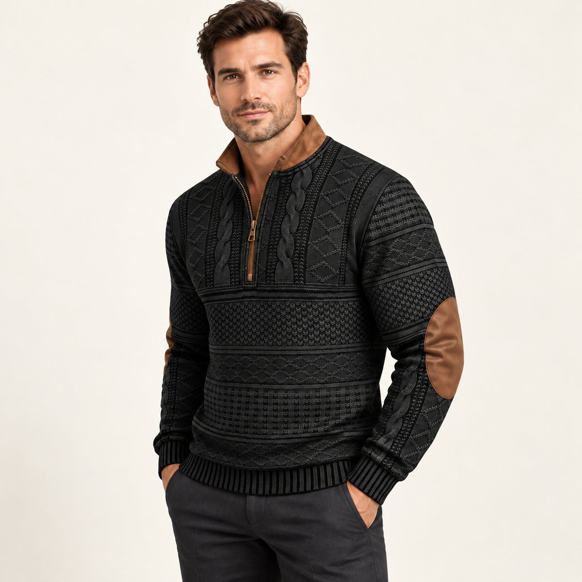 Harevi half zip jumper on model – 02-three-quarter