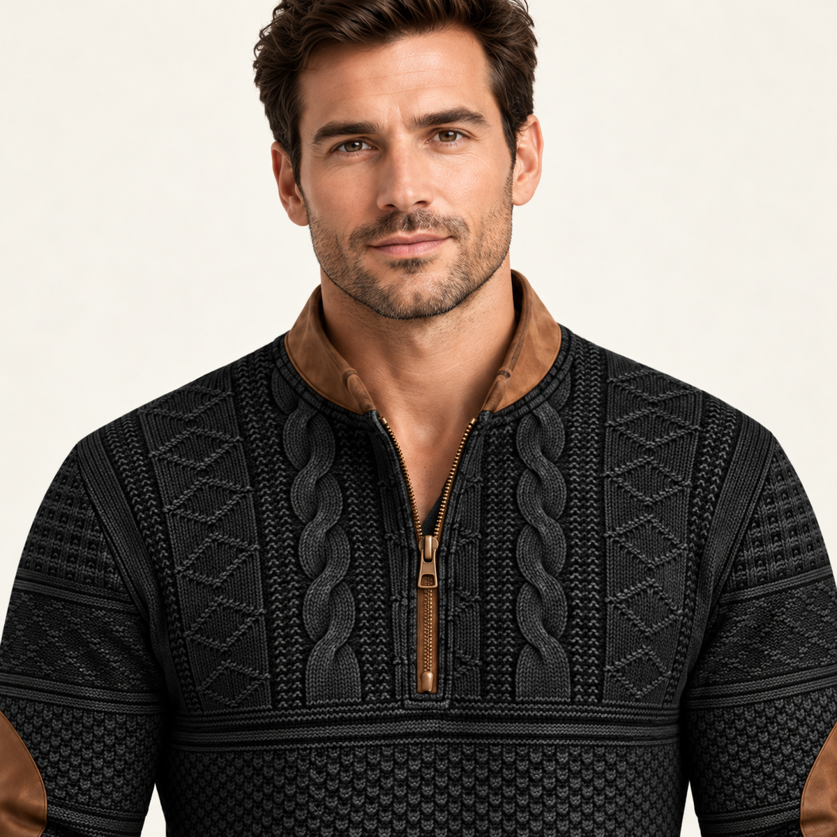 Harevi half zip jumper on model – 04-closeup