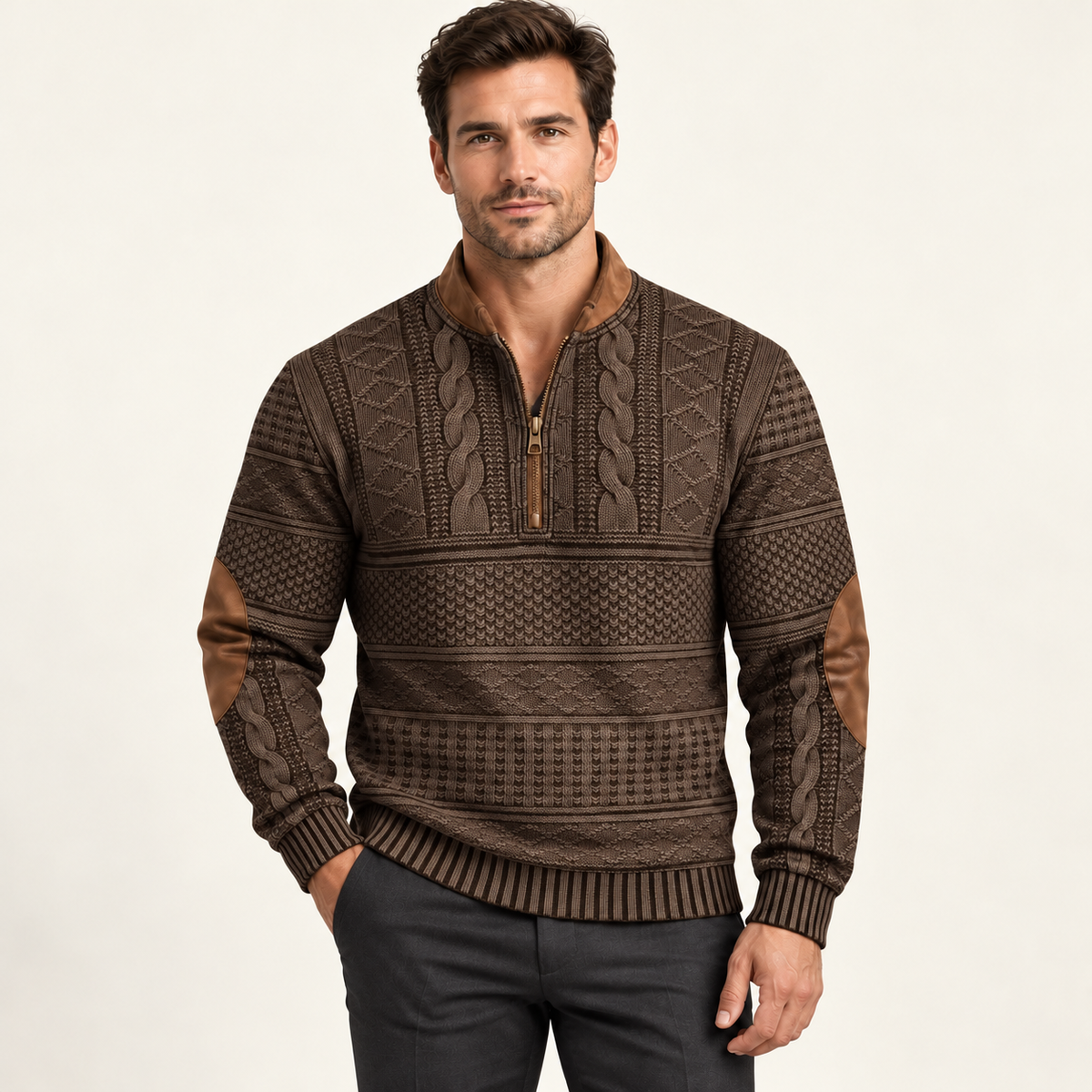 Harevi half zip jumper on model – 07-dark-brown