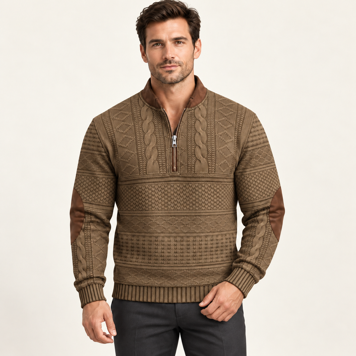 Harevi half zip jumper on model – 08-light-brown