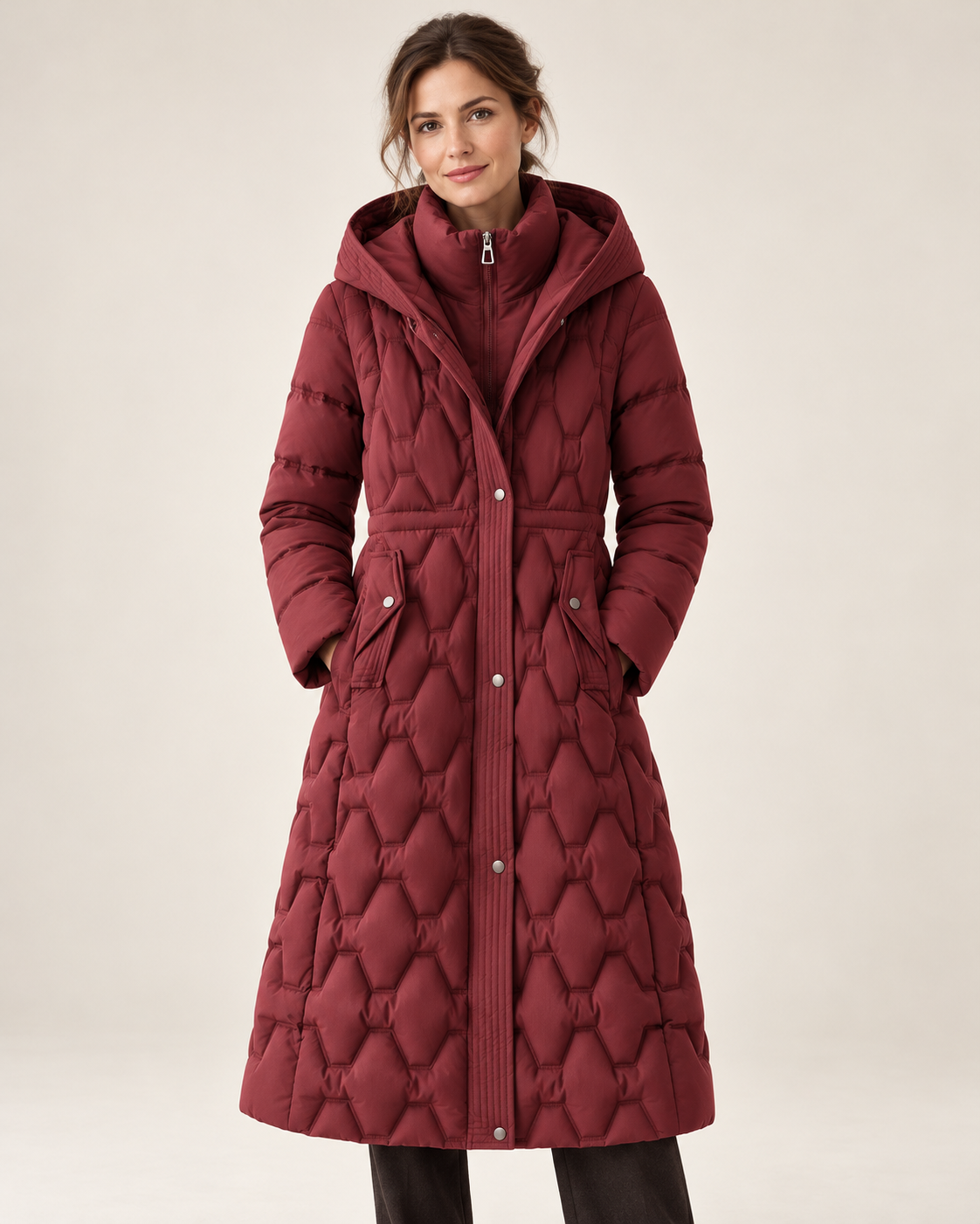 Women's Long Puffer Coat - Waterproof Hooded Down Windproof Parka - Red - front view