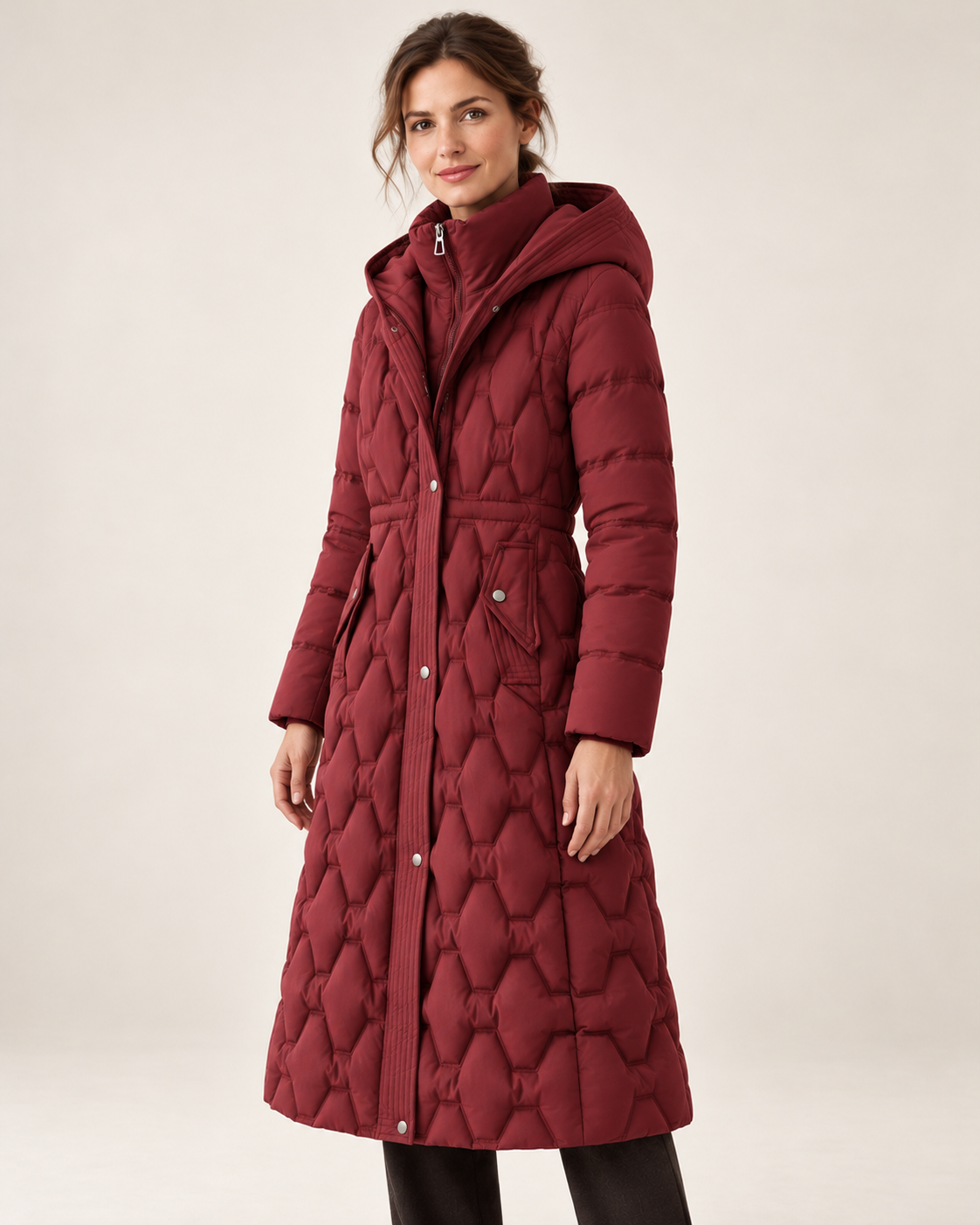 Women's Long Puffer Coat - Waterproof Hooded Down Windproof Parka - Red - three-quarter view