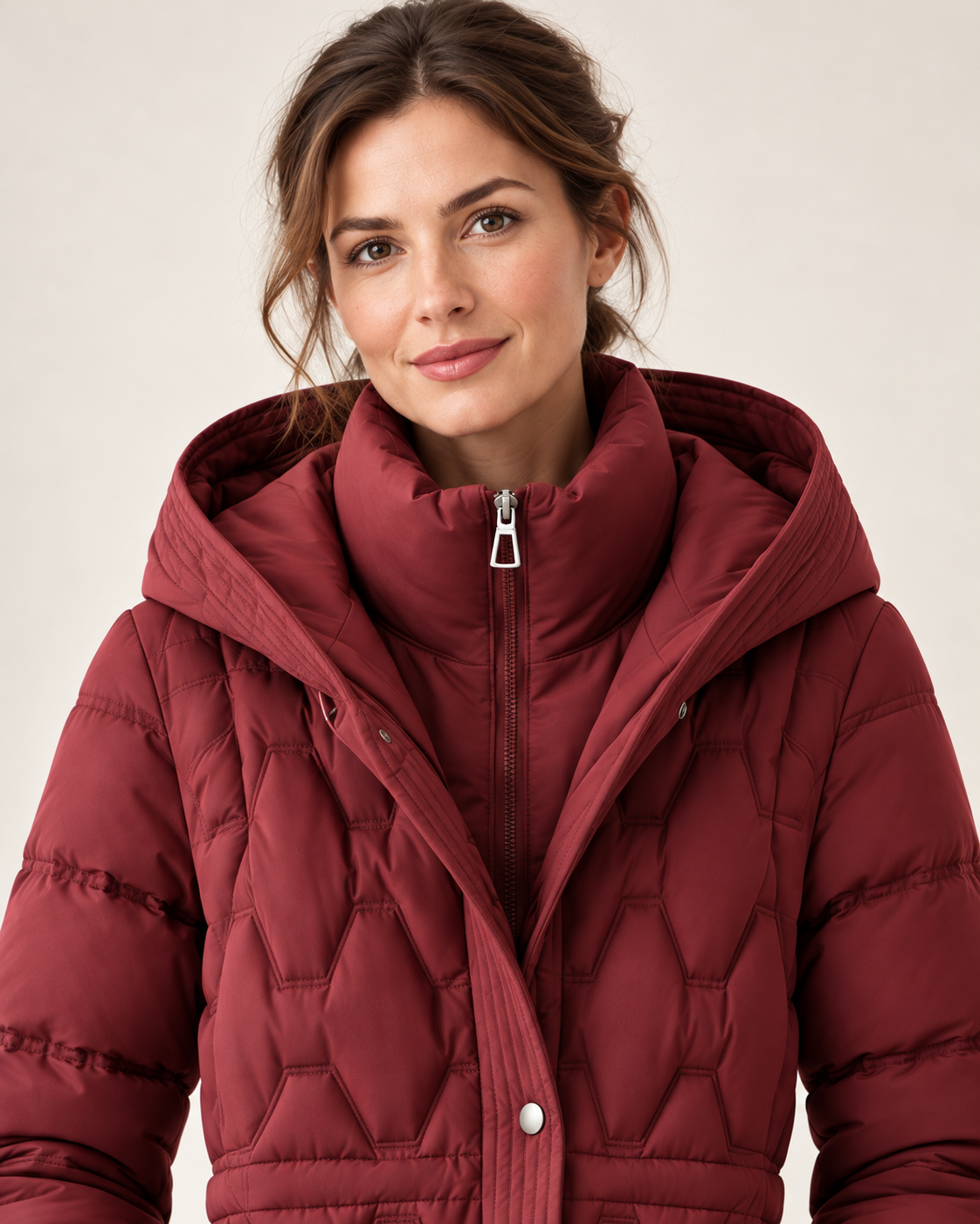Women's Long Puffer Coat - Waterproof Hooded Down Windproof Parka - Red - front close-up