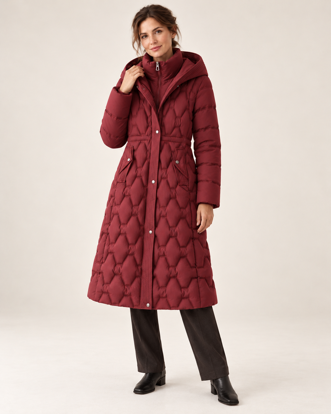 Women's Long Puffer Coat - Waterproof Hooded Down Windproof Parka - Red - styling view