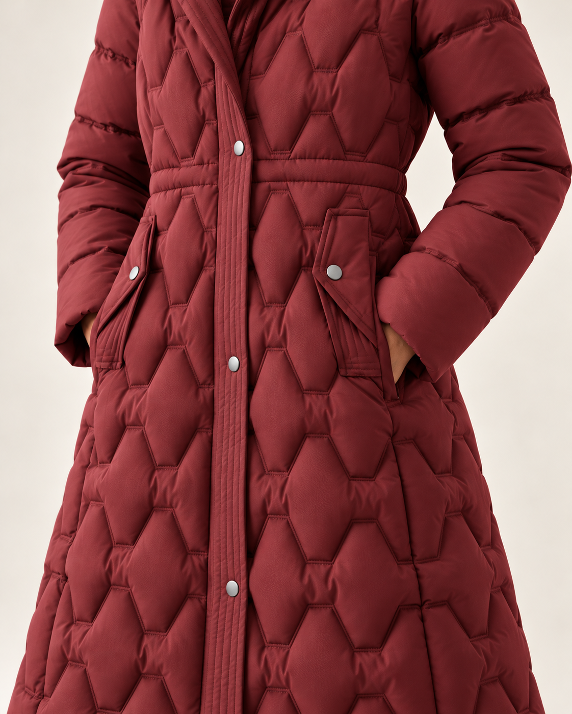 Women's Long Puffer Coat - Waterproof Hooded Down Windproof Parka - Red - quilting and pocket detail