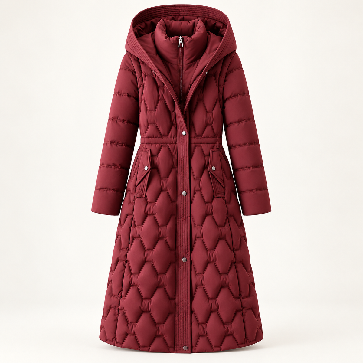 Women's Long Puffer Coat - Waterproof Hooded Down Windproof Parka - Red - ghost mannequin front view