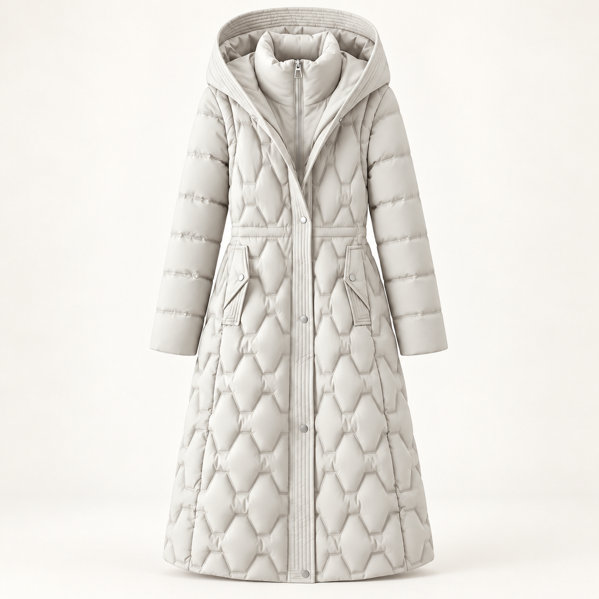 Women's Long Puffer Coat - Waterproof Hooded Down Windproof Parka - White - ghost mannequin front view