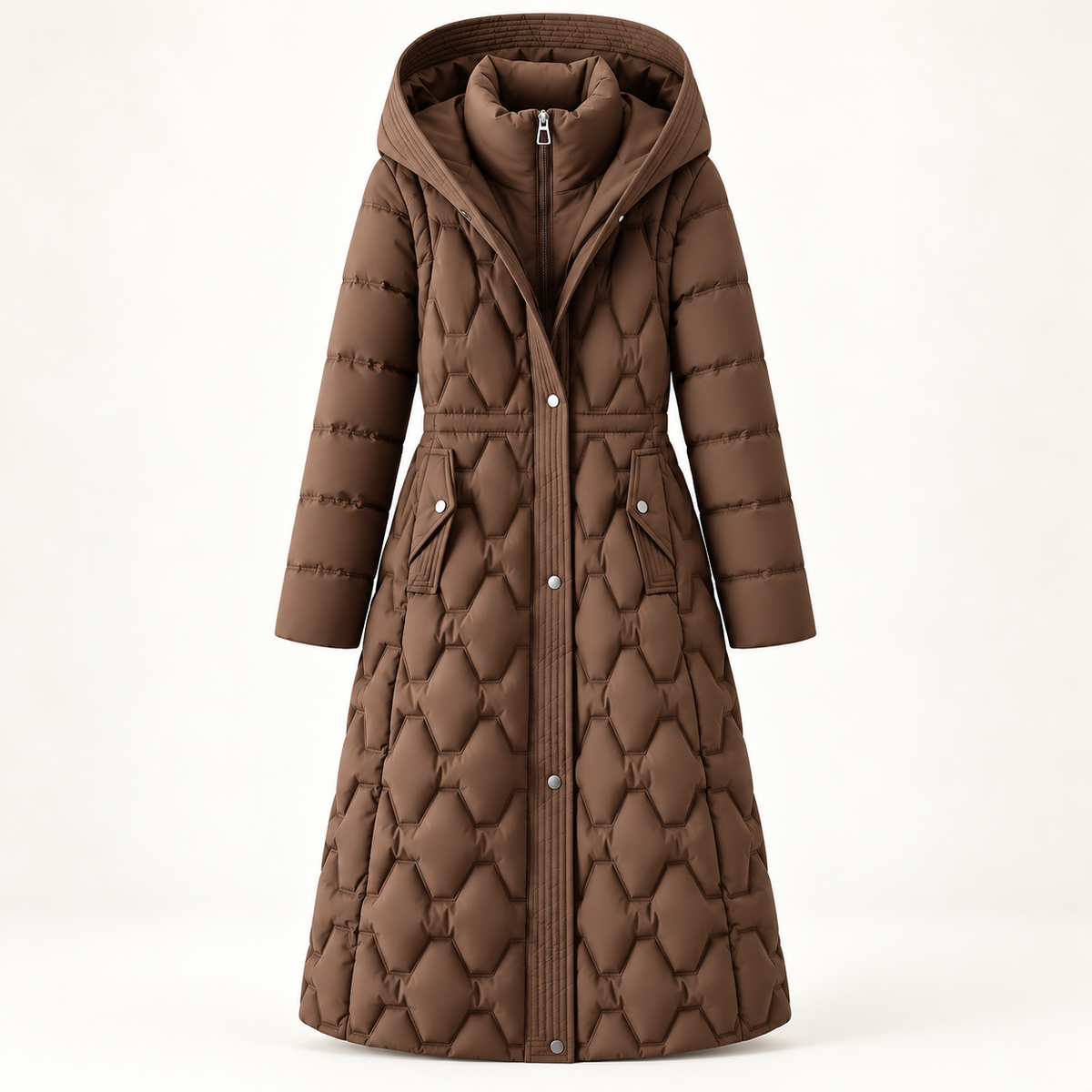 Women's Long Puffer Coat - Waterproof Hooded Down Windproof Parka - Brown - ghost mannequin front view