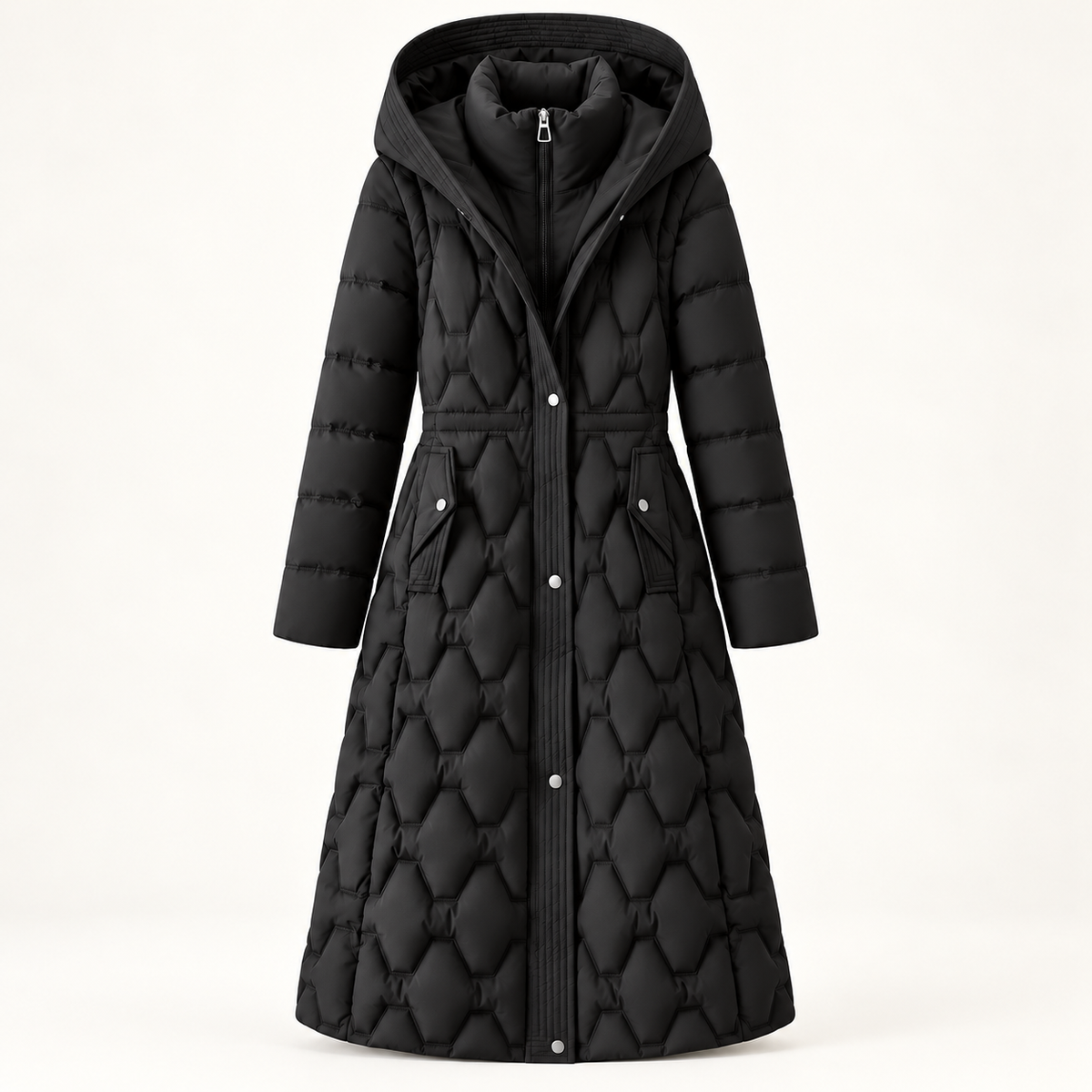 Women's Long Puffer Coat - Waterproof Hooded Down Windproof Parka - Black - ghost mannequin front view