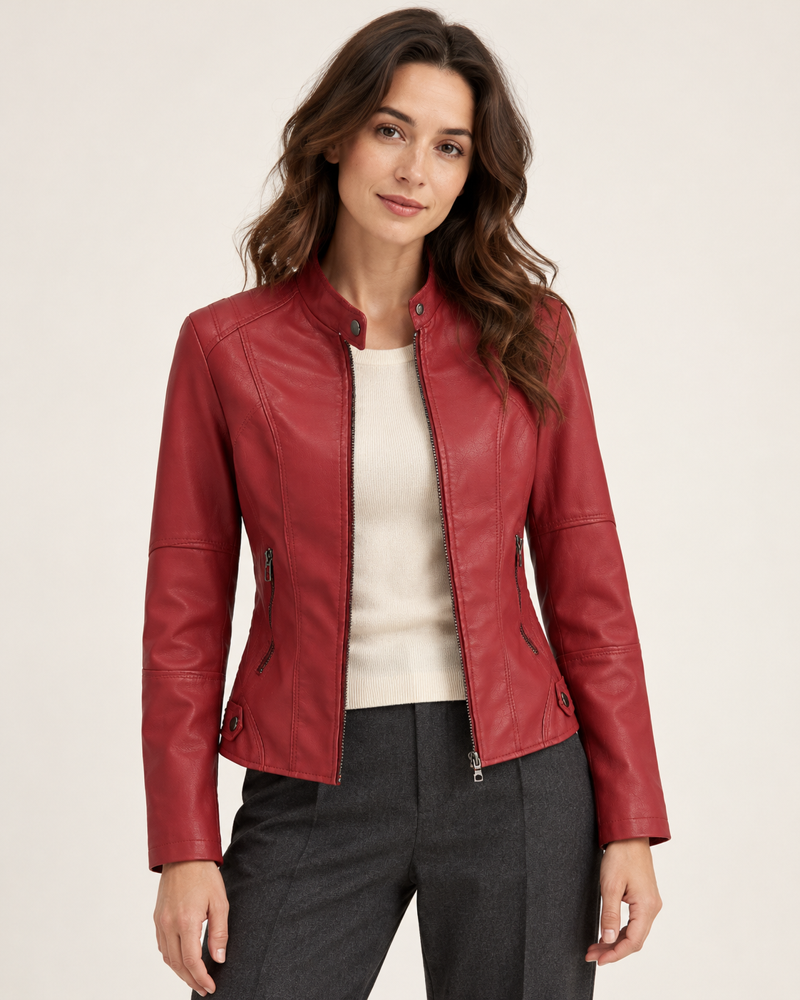 Women's Leather Jacket - Funnel Neck Zip Front Fitted Layering Jacket - Burgundy - front view