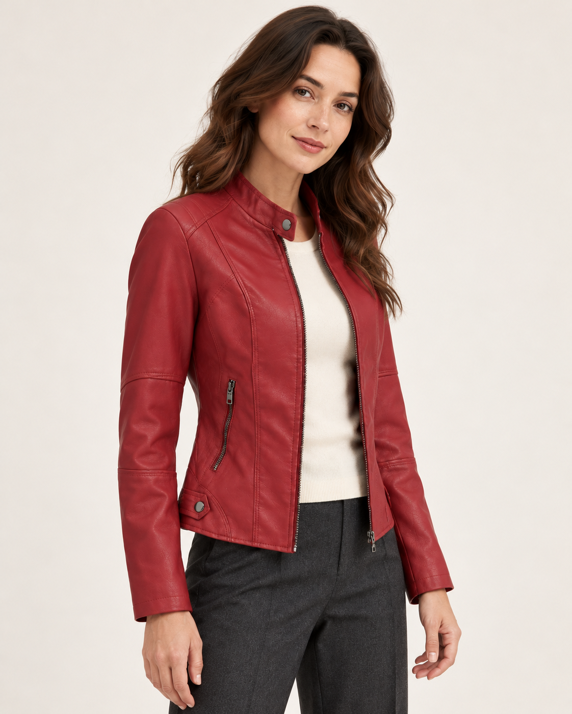 Women's Leather Jacket - Funnel Neck Zip Front Fitted Layering Jacket - Burgundy - three-quarter view