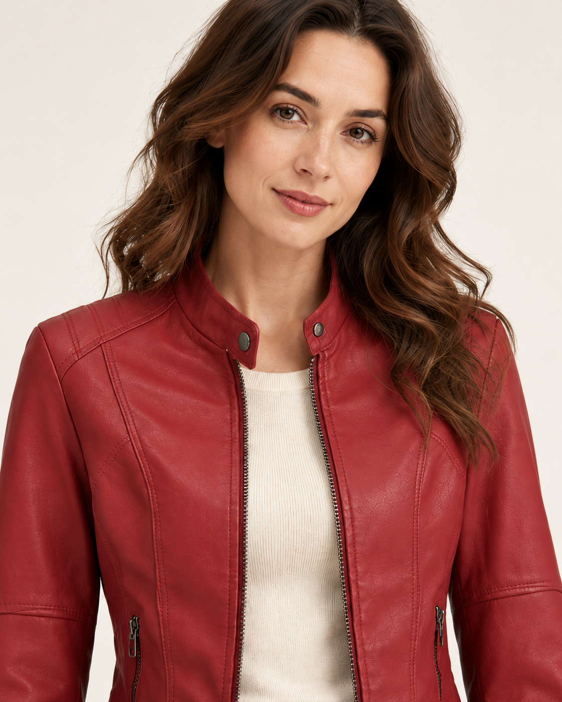 Women's Leather Jacket - Funnel Neck Zip Front Fitted Layering Jacket - Burgundy - front close-up