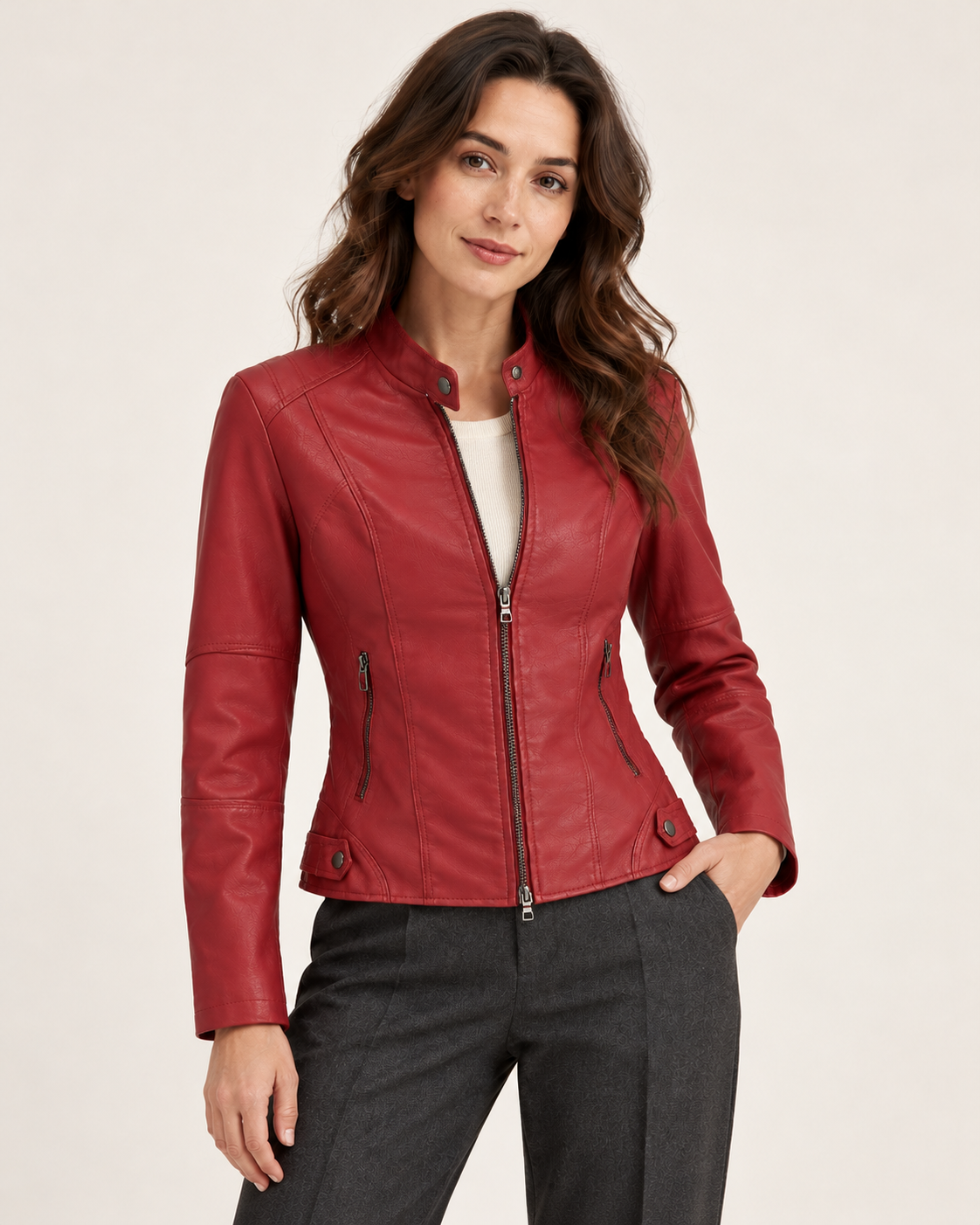 Women's Leather Jacket - Funnel Neck Zip Front Fitted Layering Jacket - Burgundy - styling view
