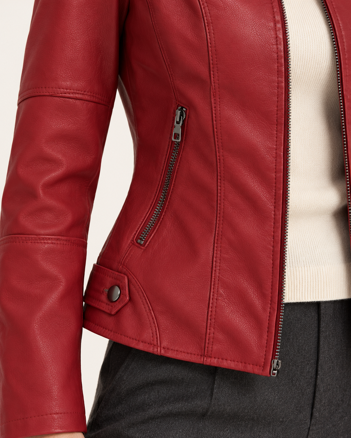 Women's Leather Jacket - Funnel Neck Zip Front Fitted Layering Jacket - Burgundy - zip pocket detail