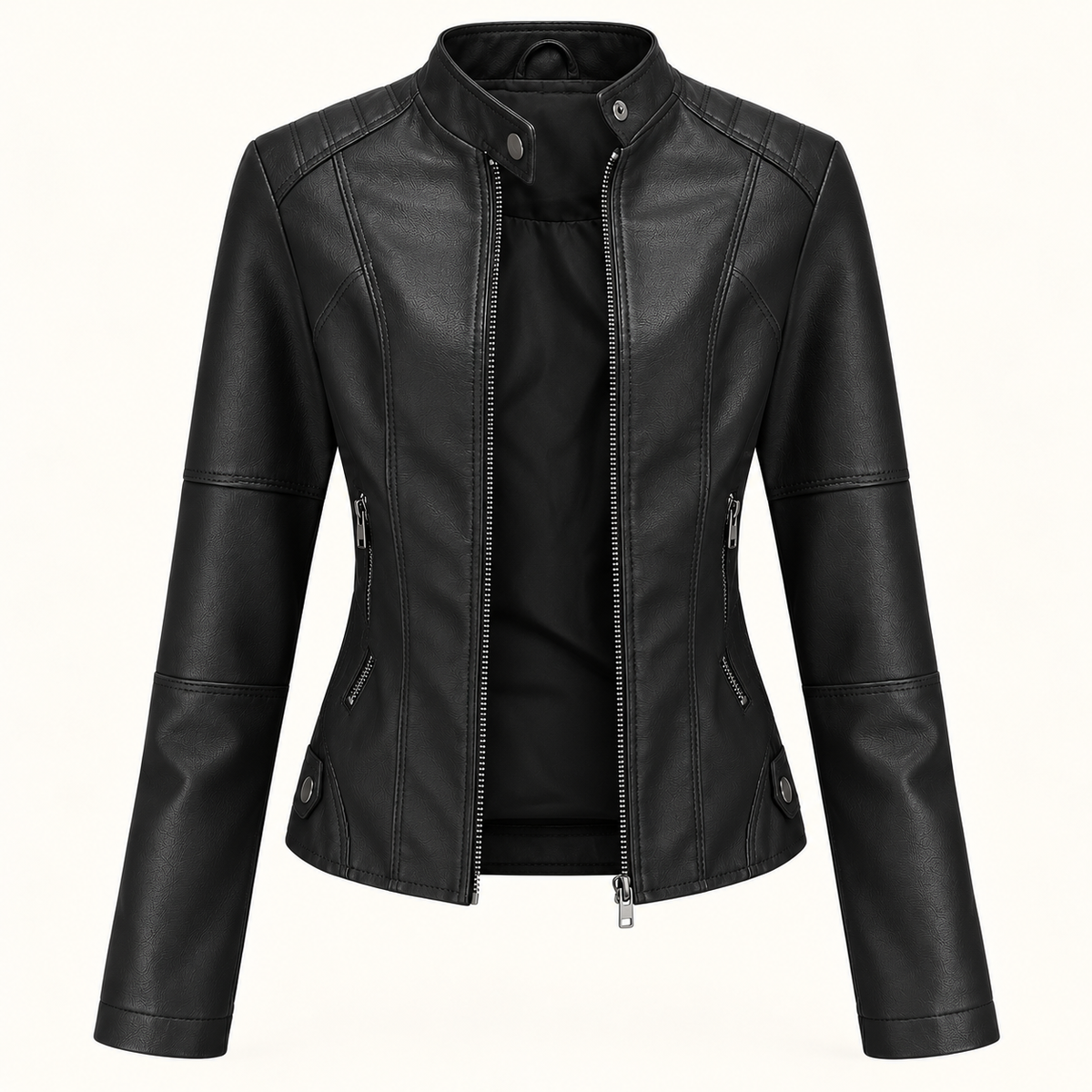 Women's Leather Jacket - Funnel Neck Zip Front Fitted Layering Jacket - Black - ghost mannequin front view
