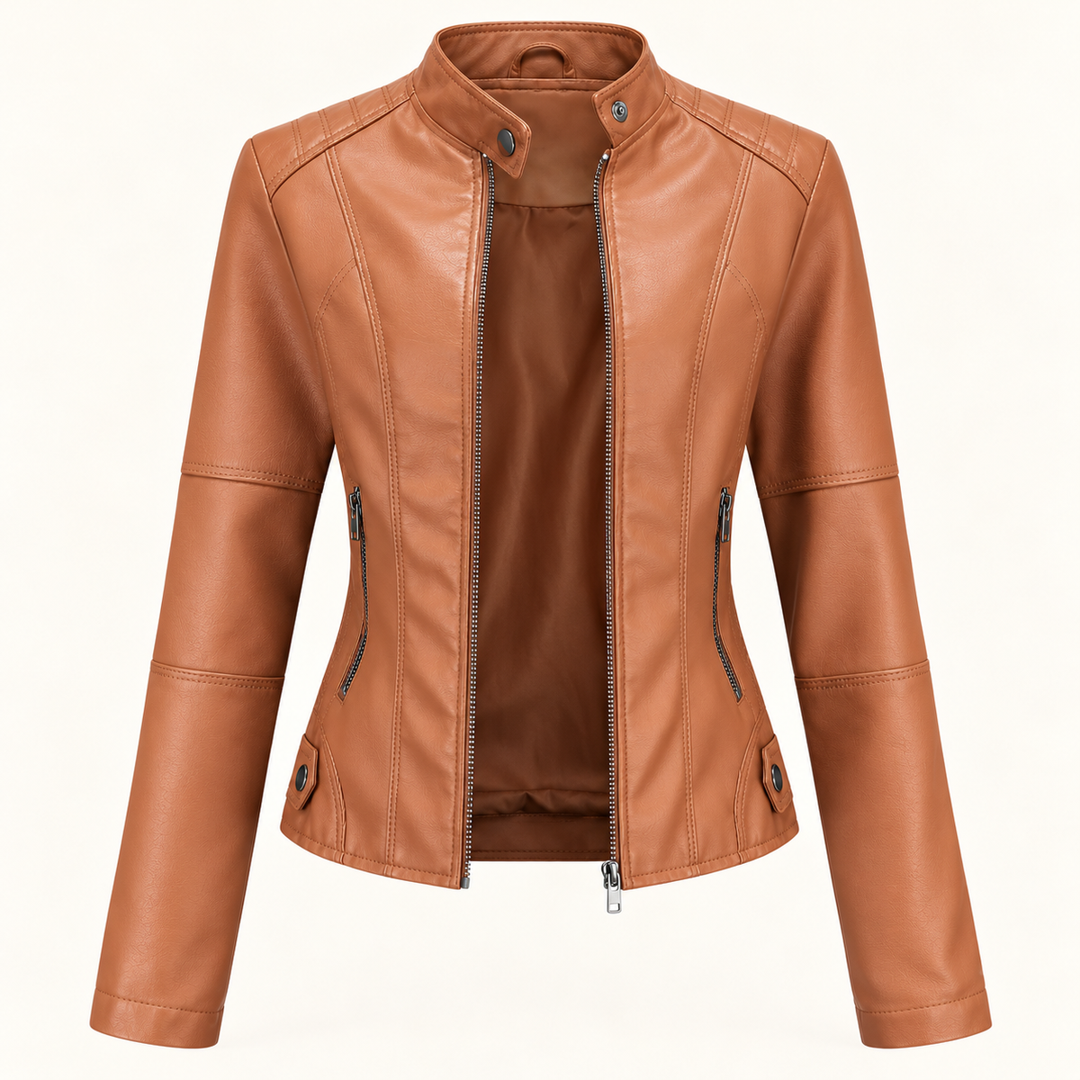 Women's Leather Jacket - Funnel Neck Zip Front Fitted Layering Jacket - Camel - ghost mannequin front view