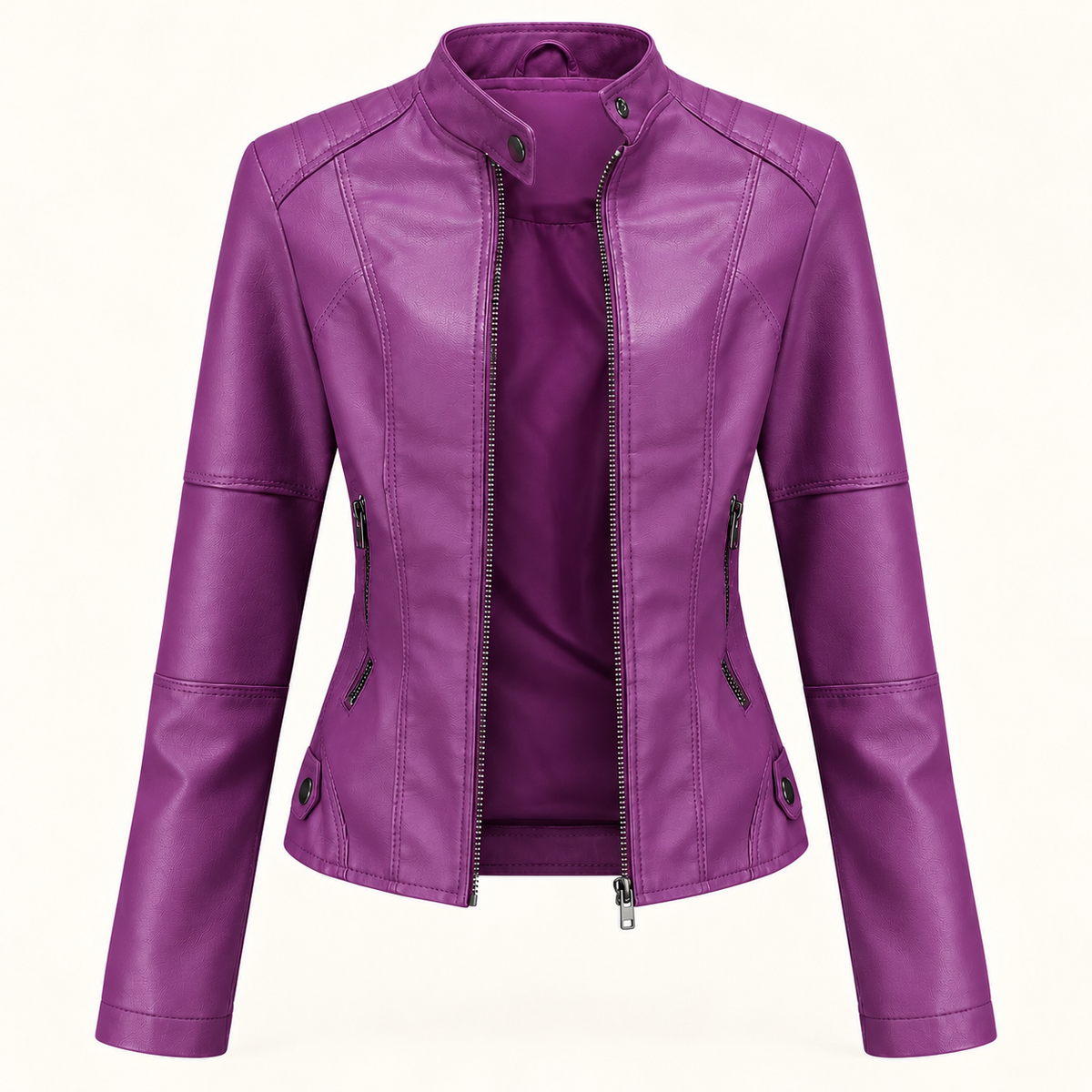 Women's Leather Jacket - Funnel Neck Zip Front Fitted Layering Jacket - Purple - ghost mannequin front view