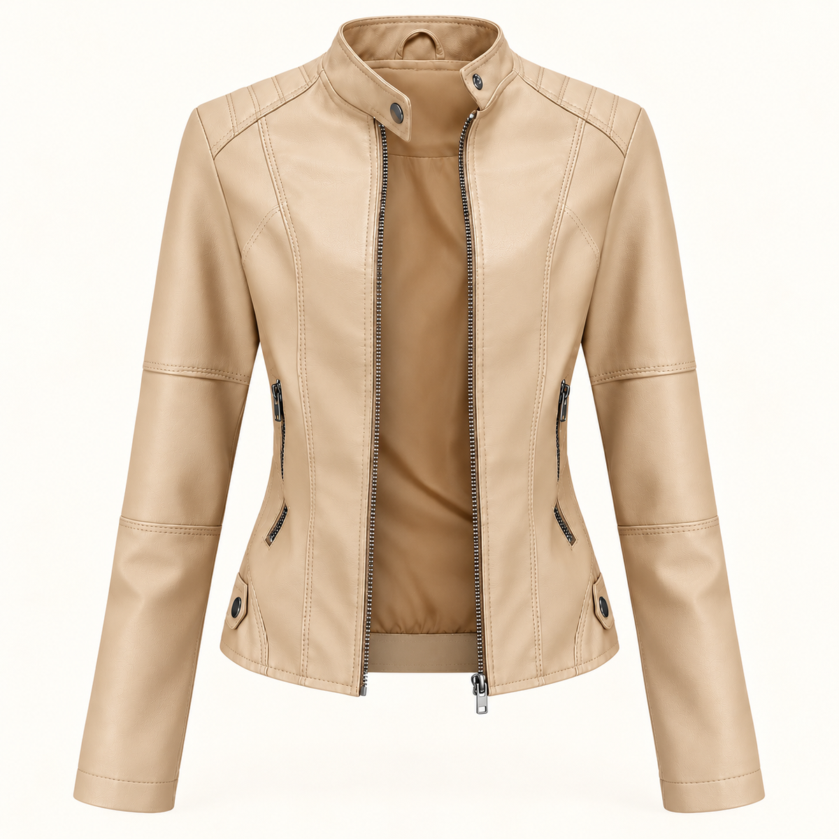 Women's Leather Jacket - Funnel Neck Zip Front Fitted Layering Jacket - Apricot - ghost mannequin front view