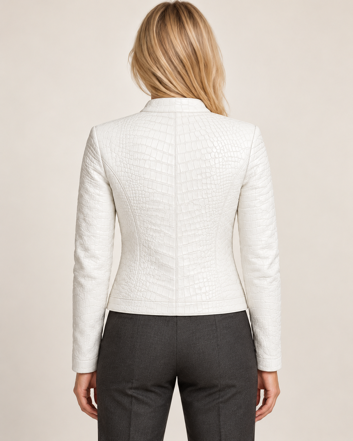 Women's Leather Jacket - Classic Smart Casual Versatile Everyday Layer - White - back view (derived)
