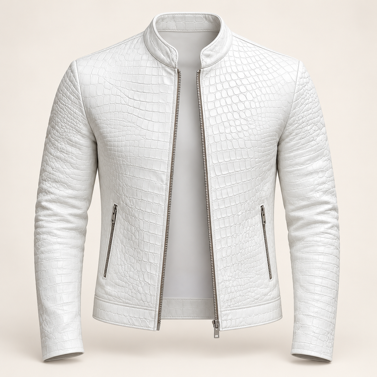 Women's Leather Jacket - Classic Smart Casual Versatile Everyday Layer - White - ghost mannequin front view