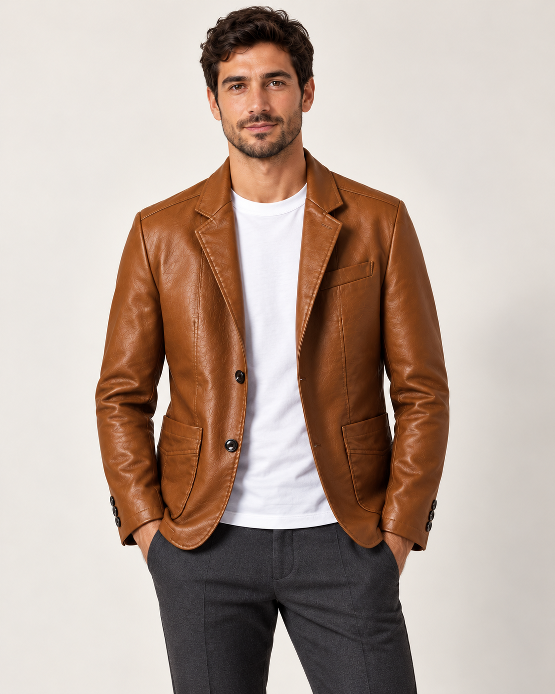 Men's blazer in brown, open styling view