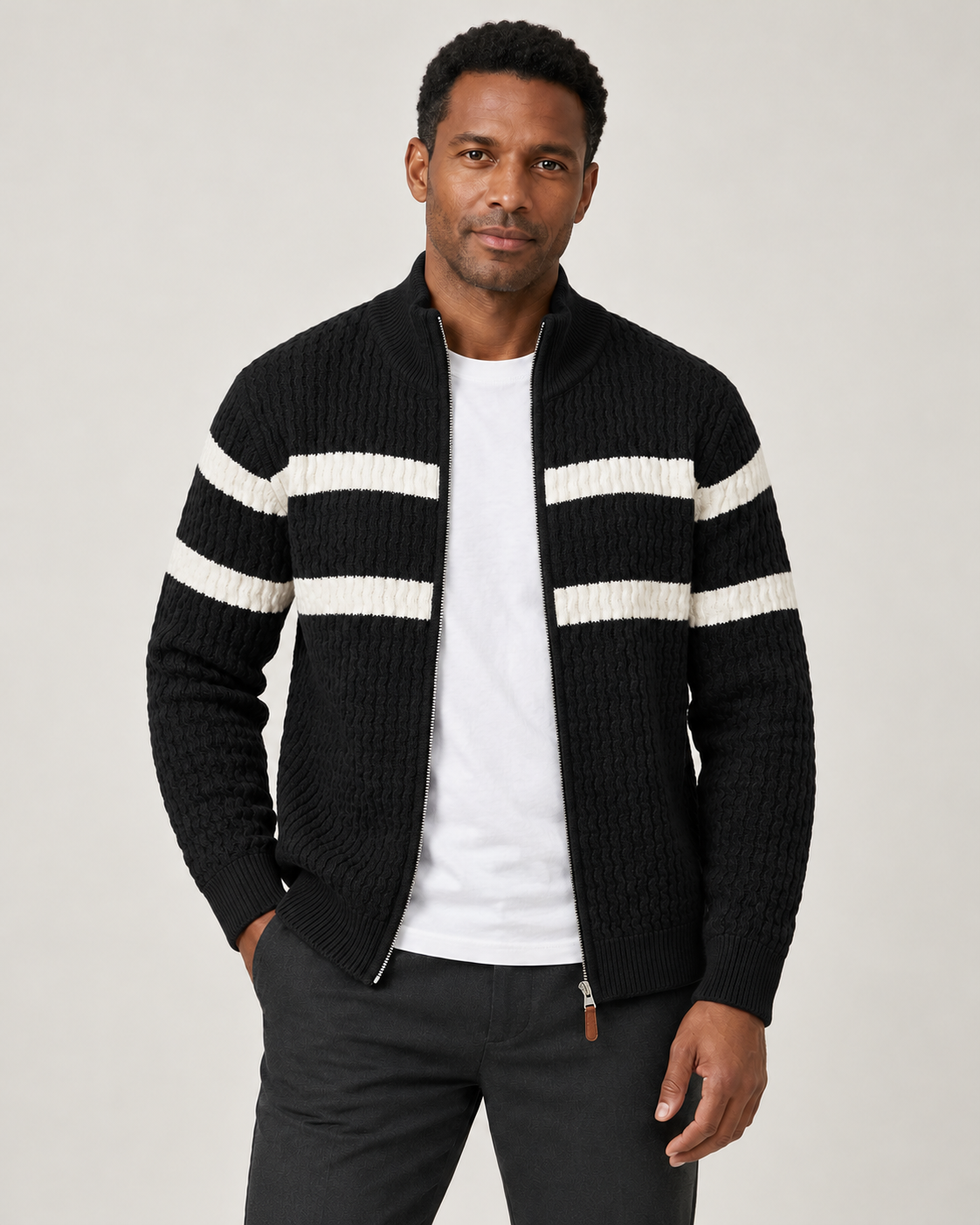 Harevi men's cable knit zip cardigan - Charcoal - model photo 7