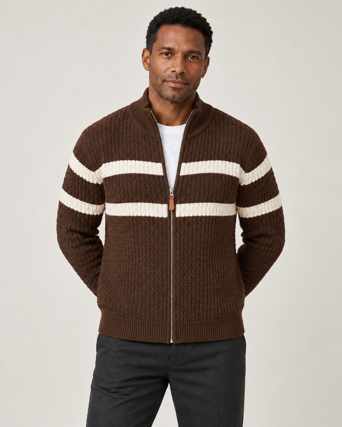 Harevi men's cable knit zip cardigan - Espresso - model photo 8