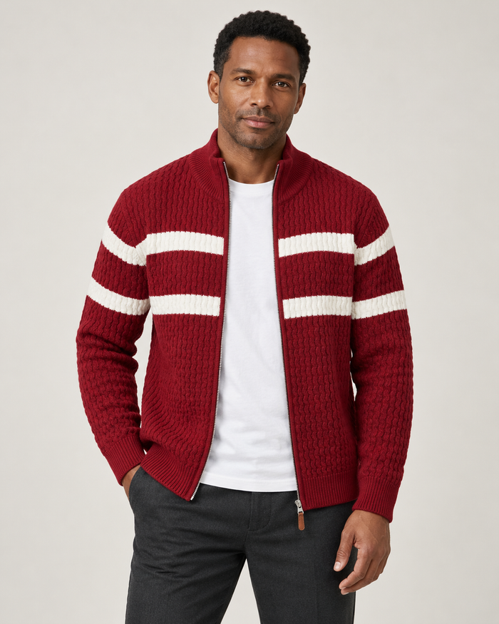 Harevi men's cable knit zip cardigan - Red - model photo 1