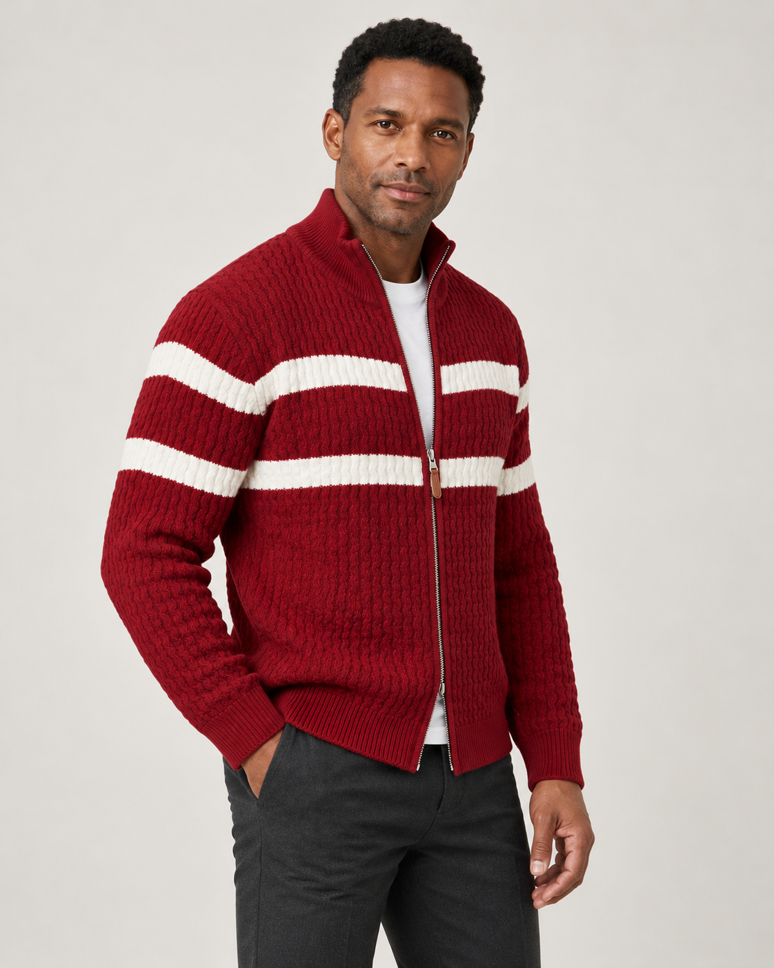 Harevi men's cable knit zip cardigan - Red - model photo 2