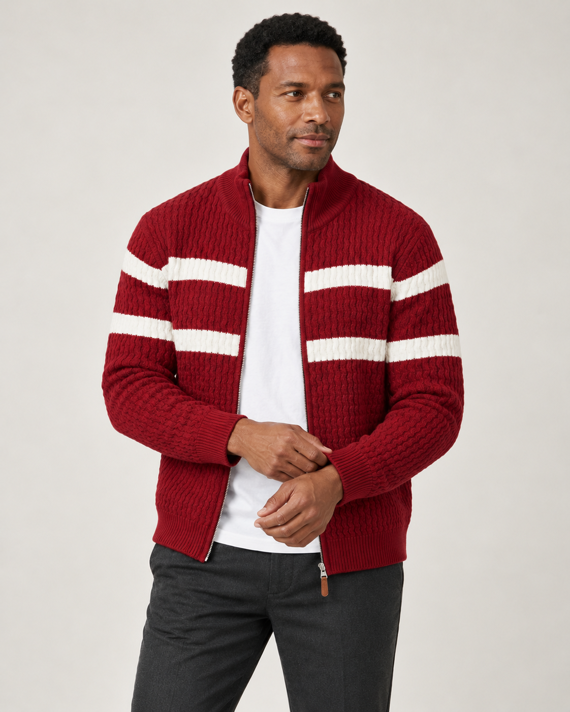Harevi men's cable knit zip cardigan - Red - model photo 5