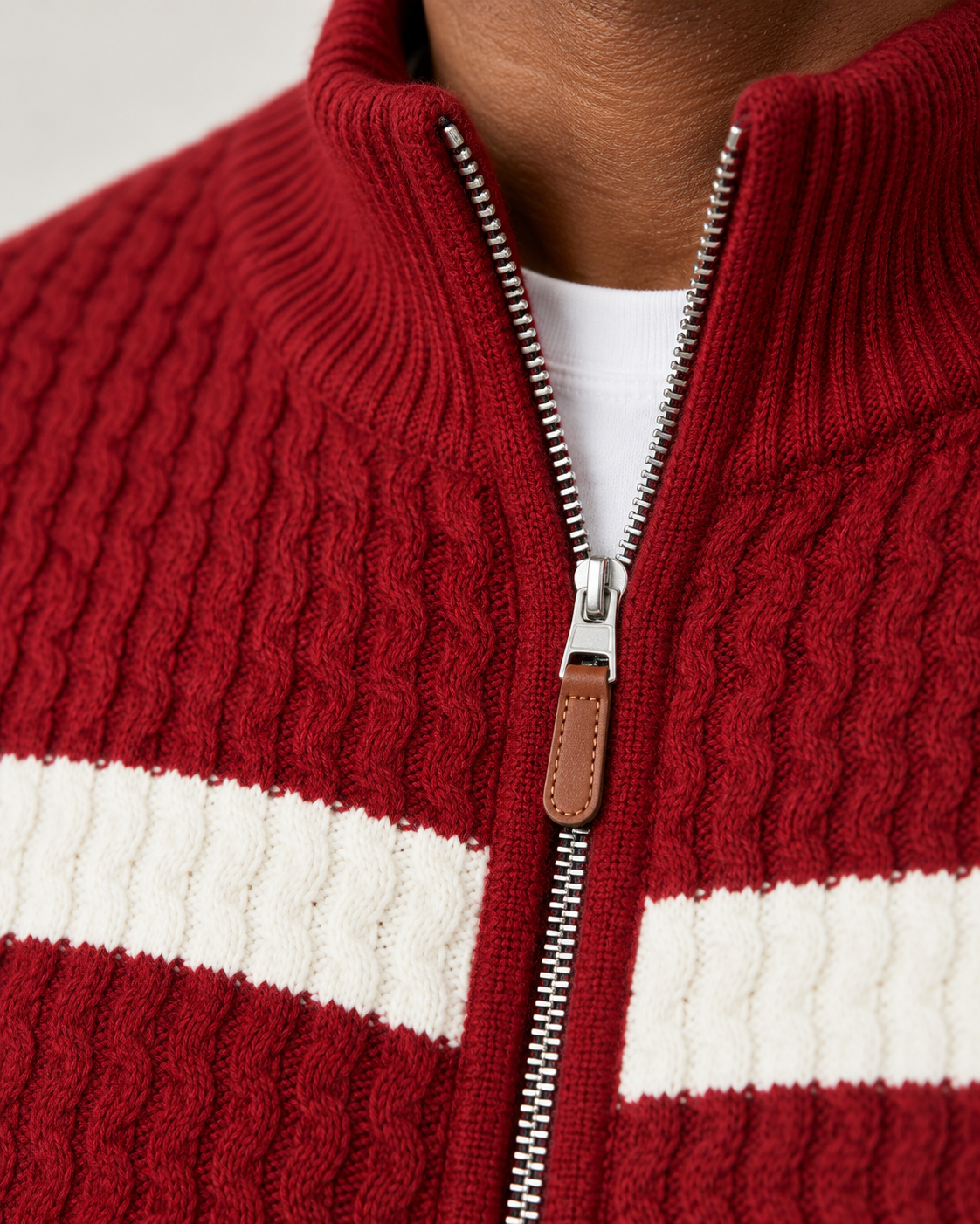 Harevi men's cable knit zip cardigan - Red - model photo 6
