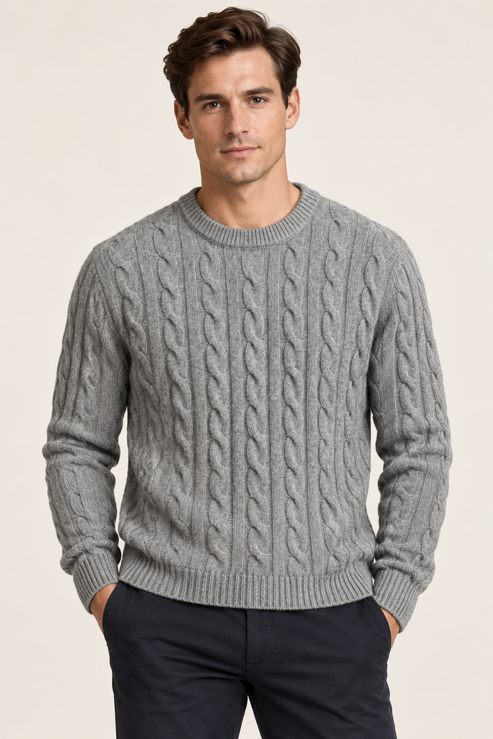 Men's cable knit jumper Grey front on model