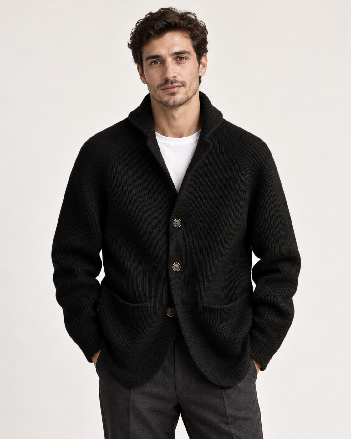 Men's cardigan in black, front view