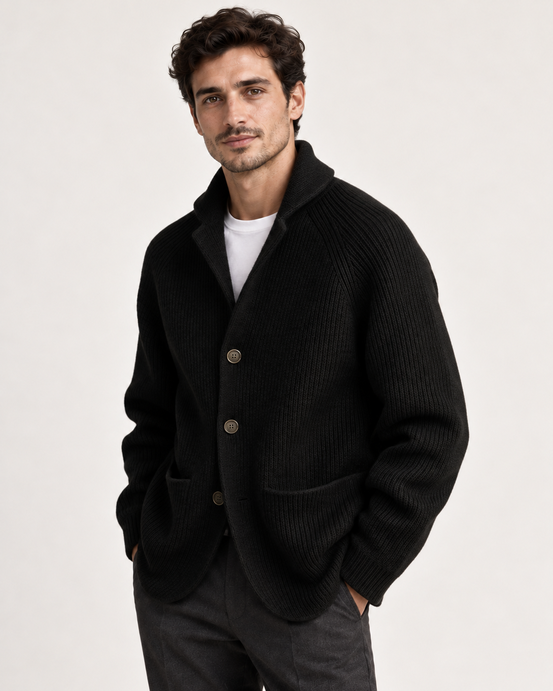 Men's cardigan in black, three-quarter left view