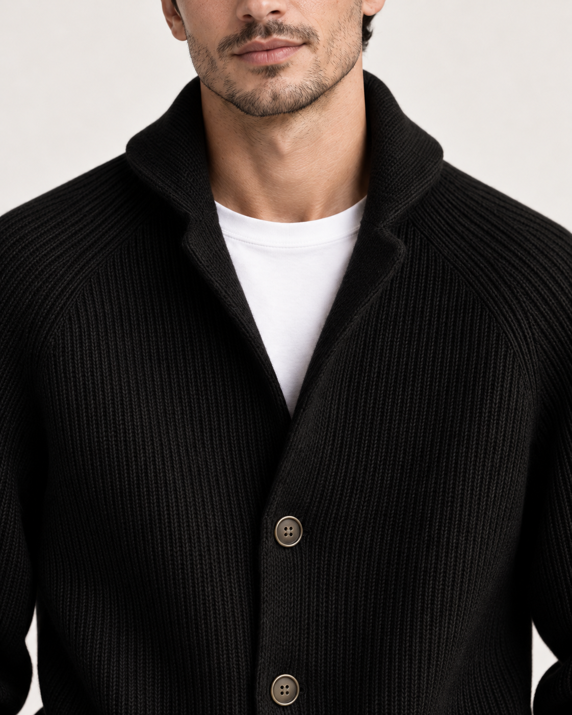 Men's cardigan in black, neckline detail