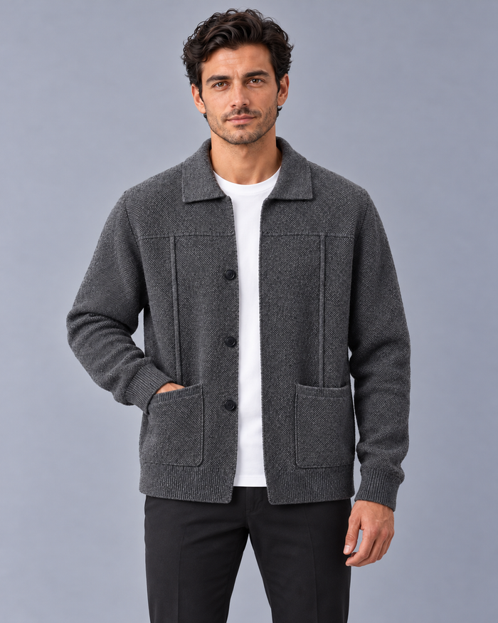 Men's Cardigan - Cashmere Blend Knitted Overshirt Jacket Patch Pockets