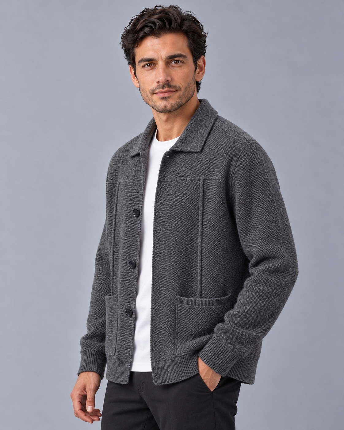 Men's Cardigan - Cashmere Blend Knitted Overshirt Jacket Patch Pockets